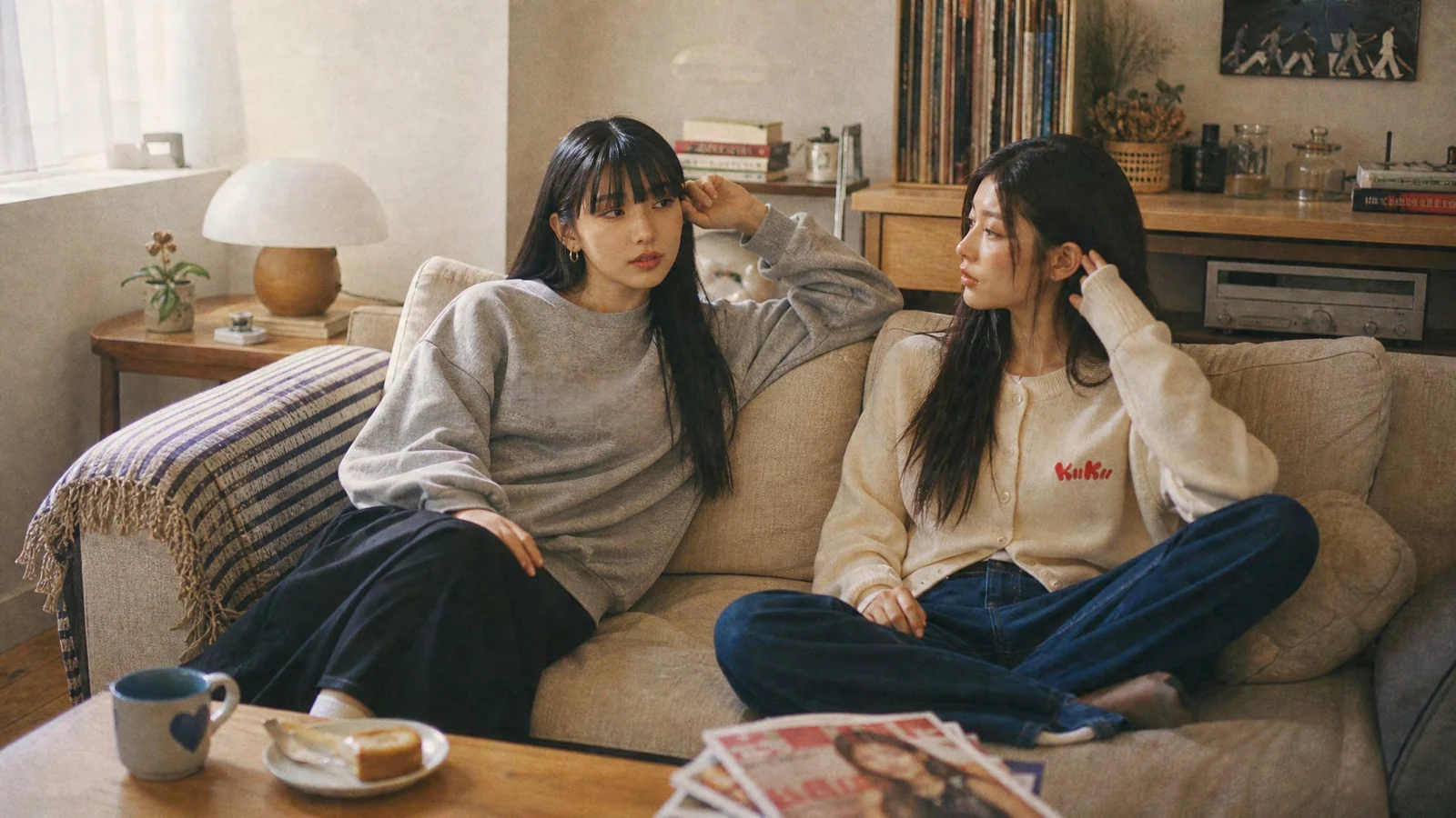 KIIKII 品牌服裝視覺：兩位女性穿著休閒服飾，坐在生活空間的沙發上